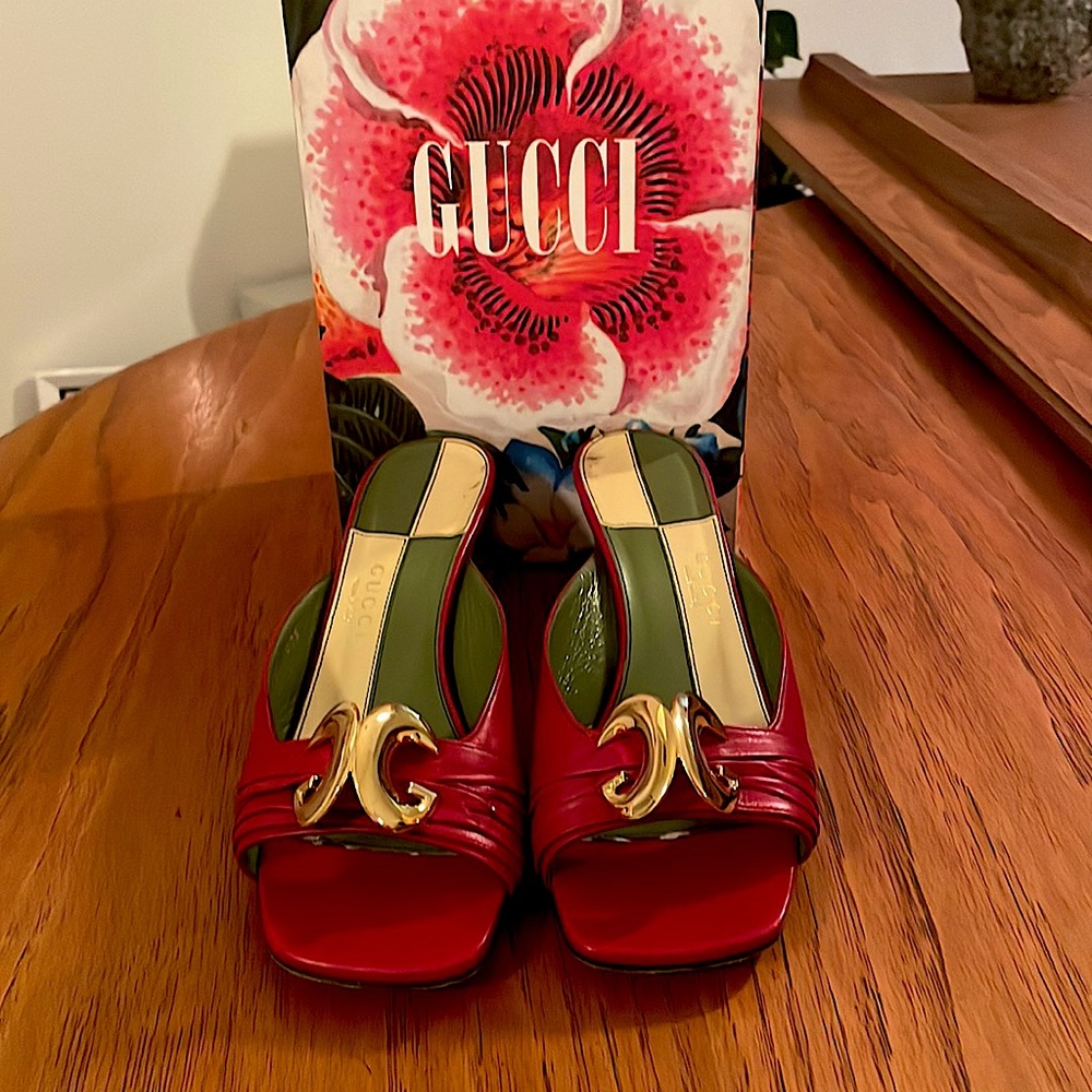 Gucci Red Leather Slides with gold hardware and small heel, Size 38.